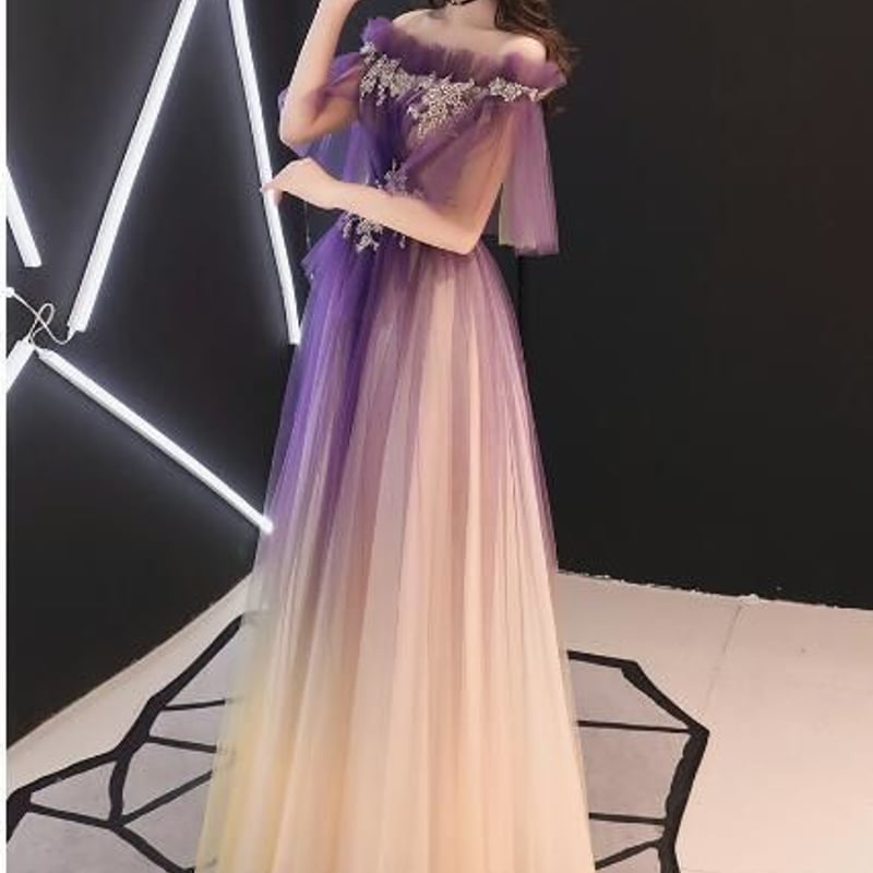 美品！ イブニングドレス パープル/紫 ソフトチュール ロング