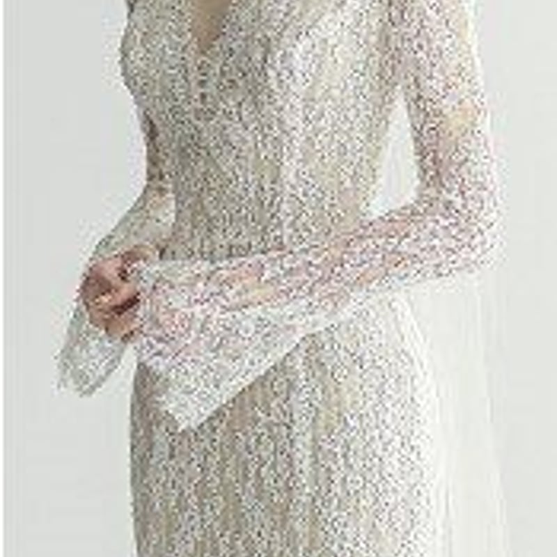 高品質 3D立体レース刺繍 ウエディングドレス フレア袖 Vネック  