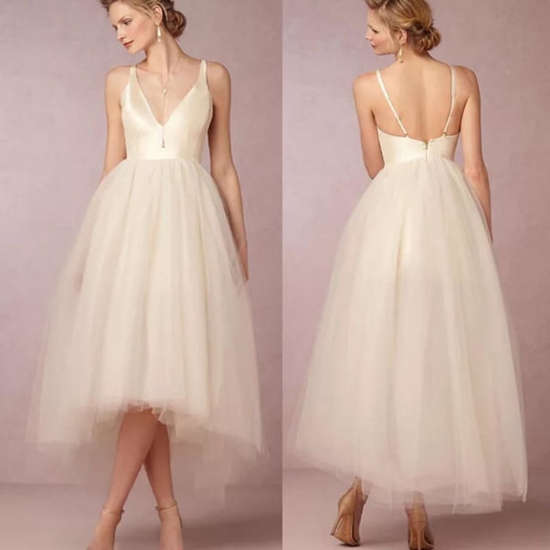 前短後長 ミモレ丈☆レーストップ☆ウエディングドレス パーティー  