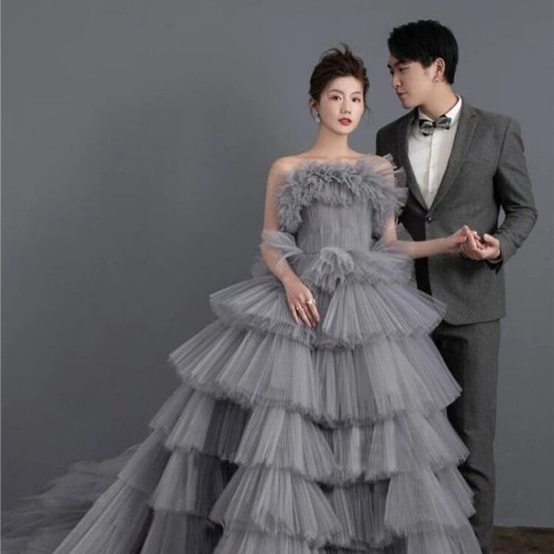 豪華！ カラードレス グレー ベアトップ 前撮り プリンセスライン 2次  