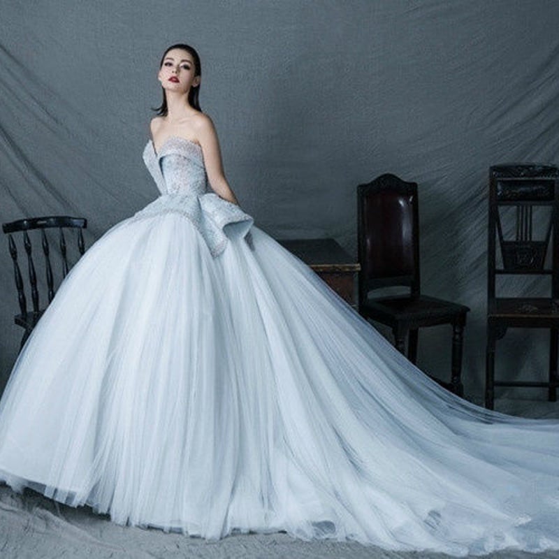 カラードレス ライトブルー 上質オーガンジー ベアトップ 柔らかく重ね  