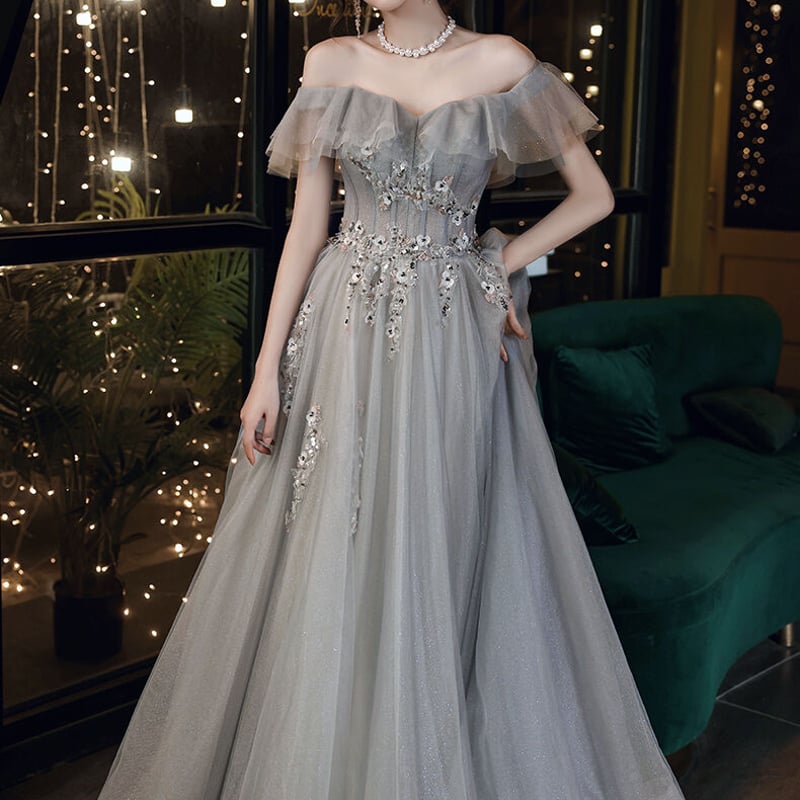 高品質！パーティードレス ブルーグレー オフショルダー 上質