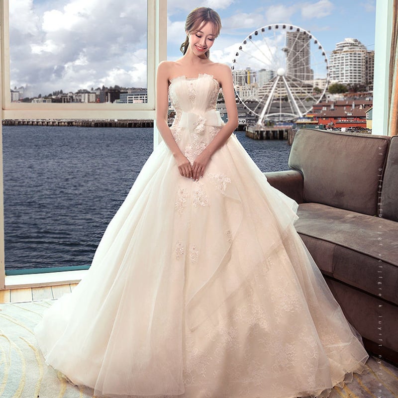 ウエディングドレス ホワイト ソフトチュール ベアトップ Aライン  