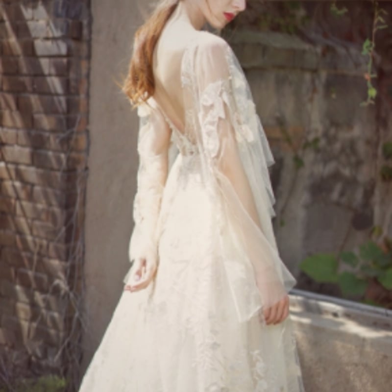 高品質！Vネックドレスレースウエディングドレス 薄シャンパンの