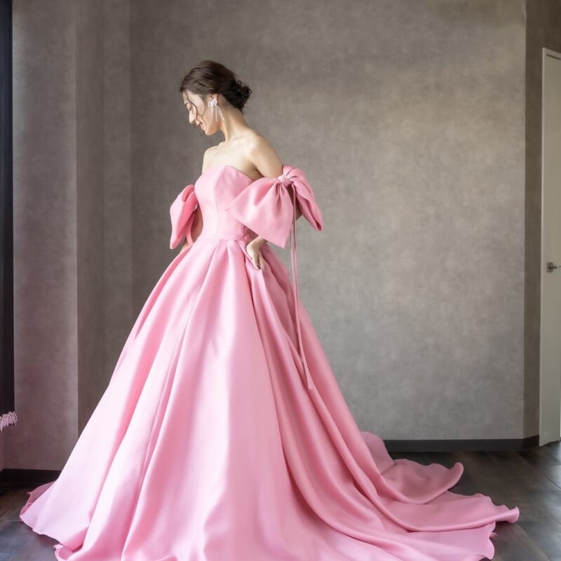 高品質！ カラードレス 薄ピンク Aライン 姫袖 可愛い リボン 披露宴/ 