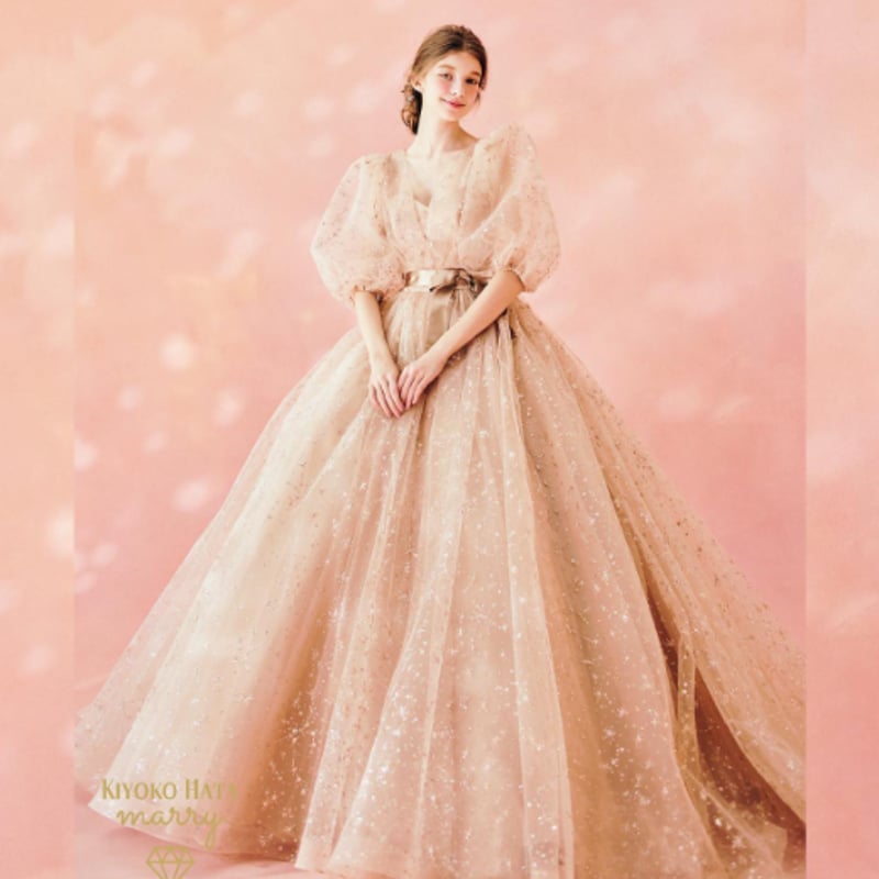 美品！ カラードレス シャンパン色 キラキラチュール エンパイアライン  