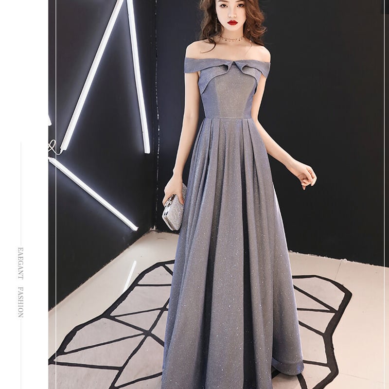 抜群 のおしゃれ見え シルバー オフショル パーティードレス  