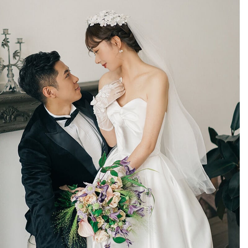 高品質！フランス風ウエディングドレス ホワイト 光沢サテン ベア