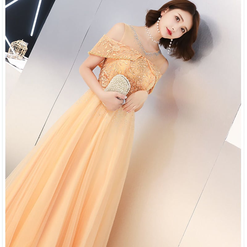 カラードレス ゴールド ソフトチュール ビジュー 華やか ロング  