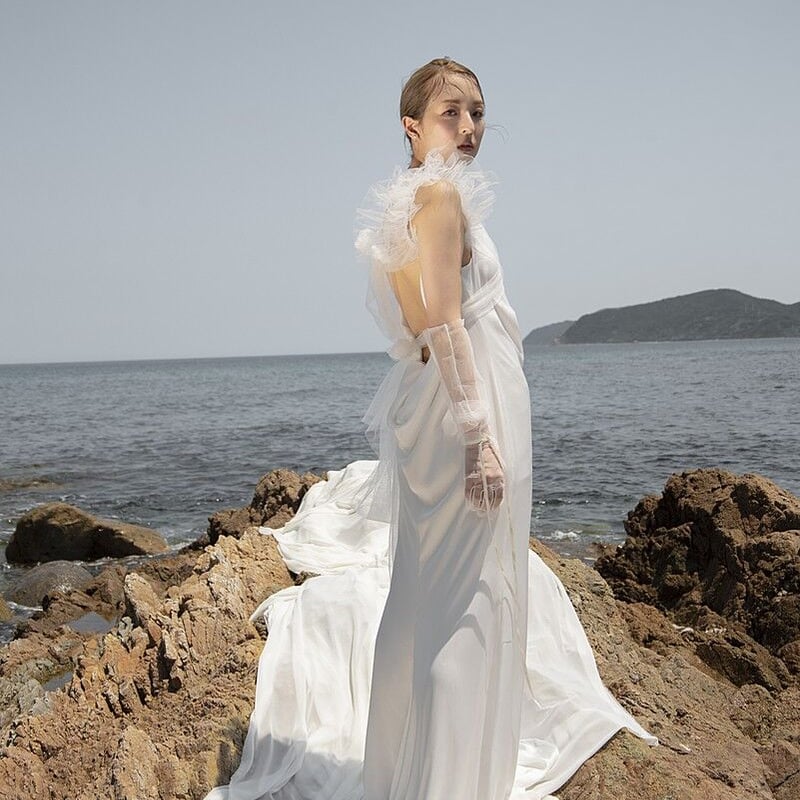 パーティードレス シースルー袖 キャミソール ロング 光沢感 高みせ 細  