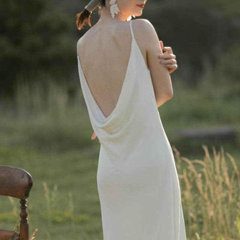 フランス風 ドレス クレープ生地 ワンピース ミニトレーン Vネック  