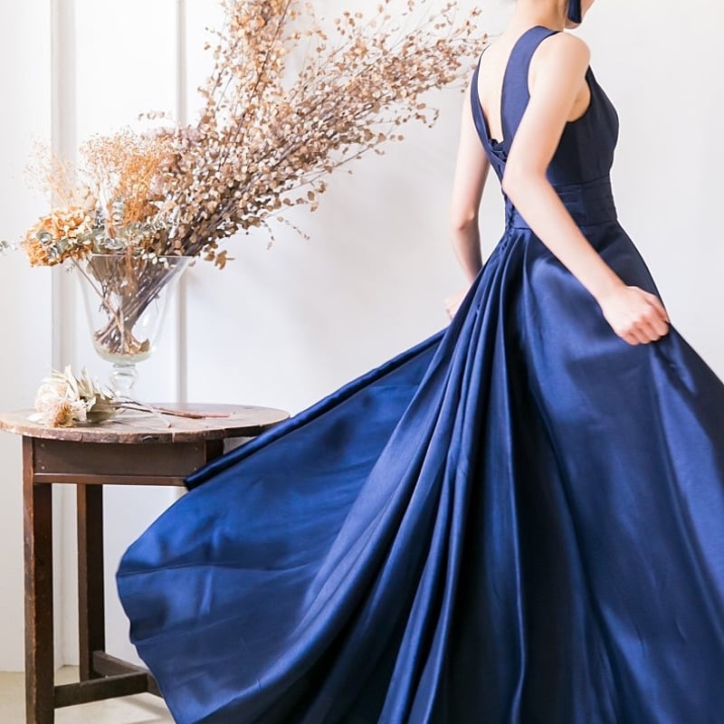 カラードレス ネイビー Vネック 豪華なバックリボン Aライン 披露宴