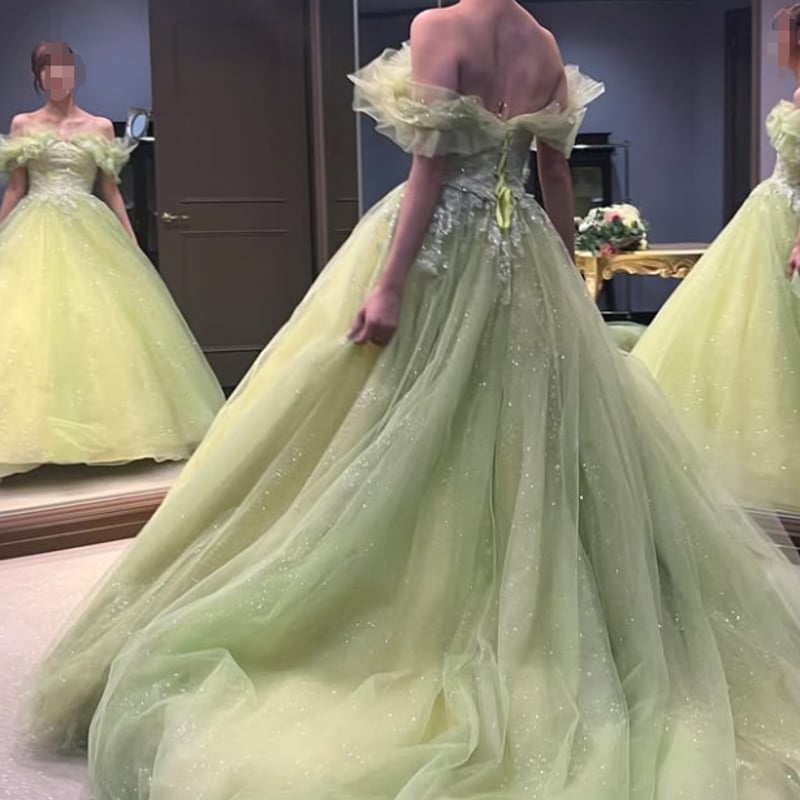 カラードレス オフショルダー キラキラグリッターチュール 裾に