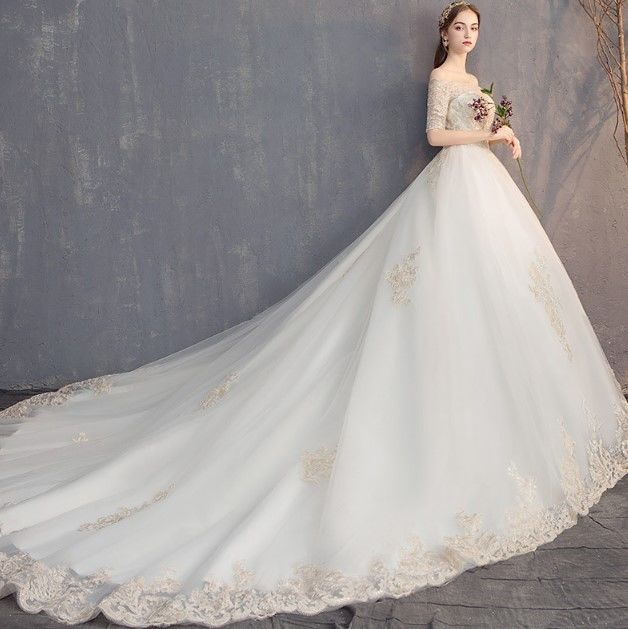 ウエディングドレス ホワイト 繊細レース オフショル ロング