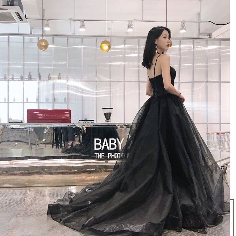高品質！パーティードレス 黒 キャミソール 短トレーン プリンセス  