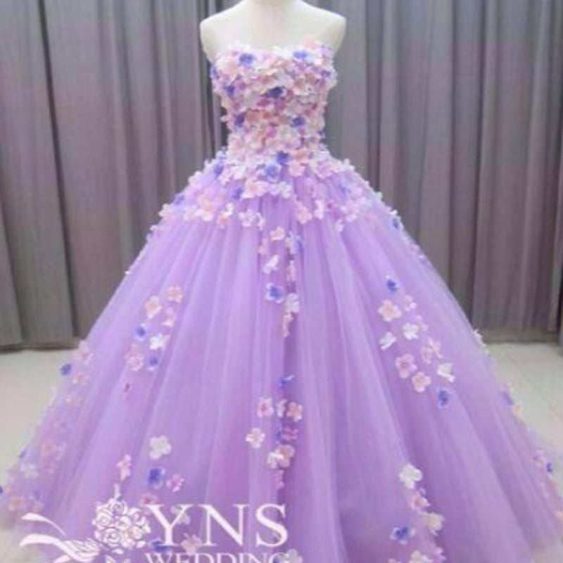高品質！ 紫 ベアトップ カラードレス 花モチーフ 華やかなトレーン  