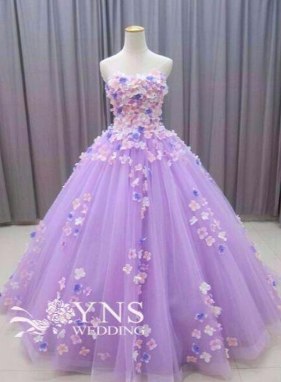 紫色 フラワーモチーフ パーティードレス 上品！ 豪華！ 紫 ベアトップ カラードレス 花モチーフ 華やかな