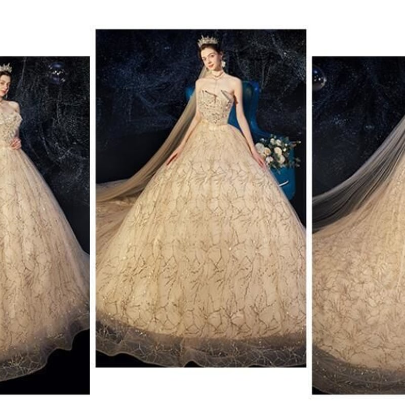 カラードレス シャンパン色 キラキラチュール ベアトップ プリンセス  