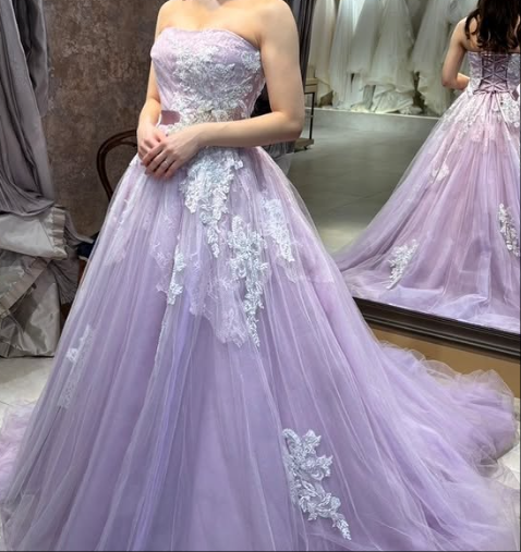 カラードレス オーキッド ベアトップ 繊細レース ロングトレーン