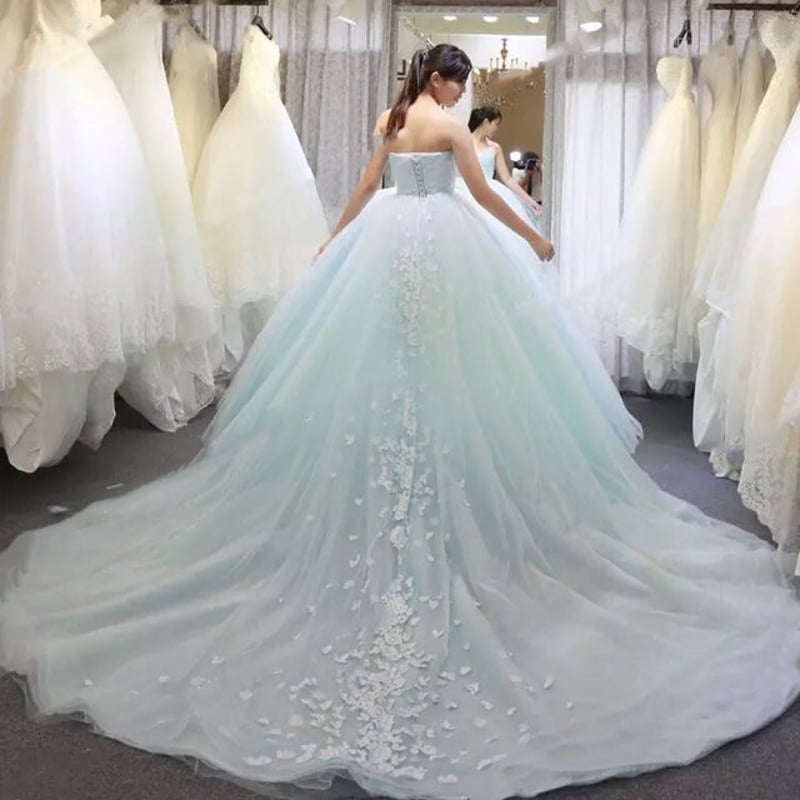 上品水色 チュール重ねカラーウェディングドレス ドレスワンピース結婚 
