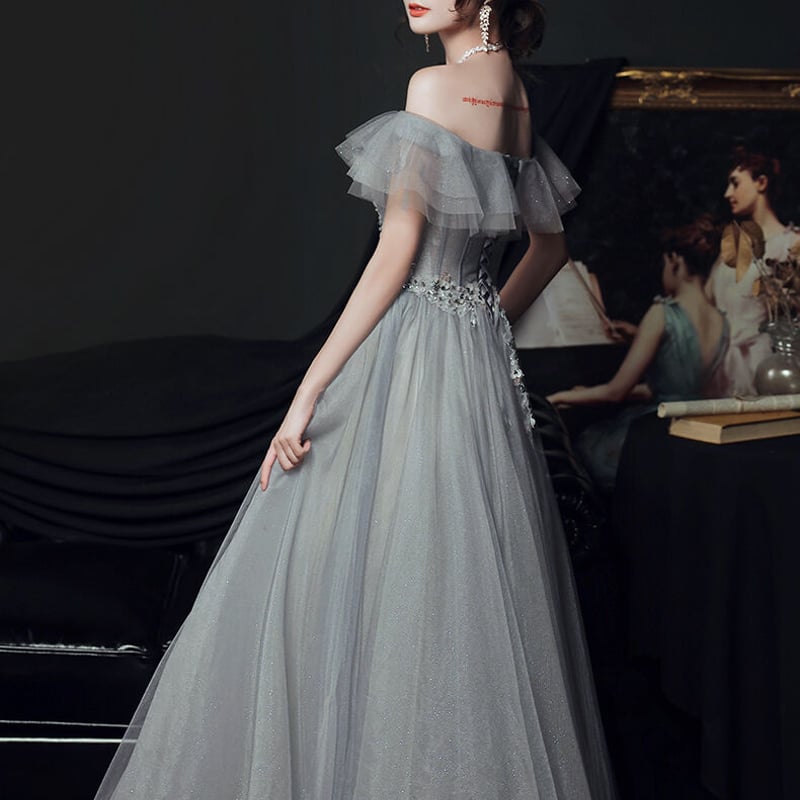高品質！パーティードレス ブルーグレー オフショルダー 上質