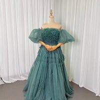 カラードレス リボン パフスリーブ  編み上げ  ミントグリーンドレス  柔らかく重ねたチュールスカート 花嫁 前撮り