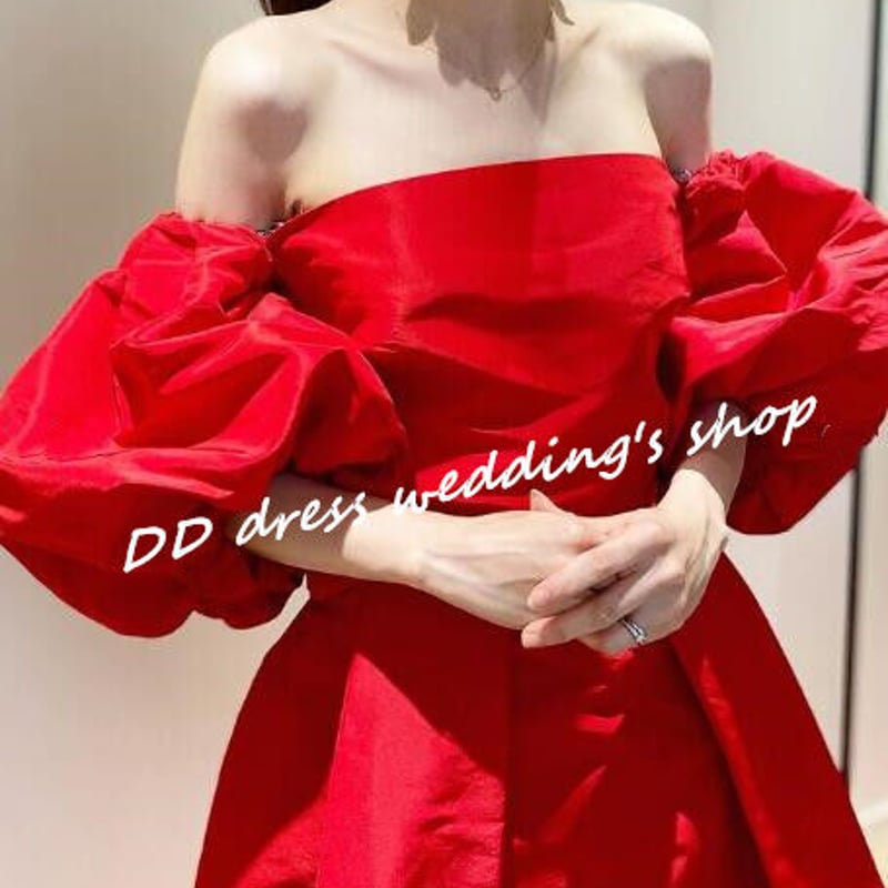 高品質！ベアトップ 姫袖 パーティードレス 赤 光沢サテン ロング  