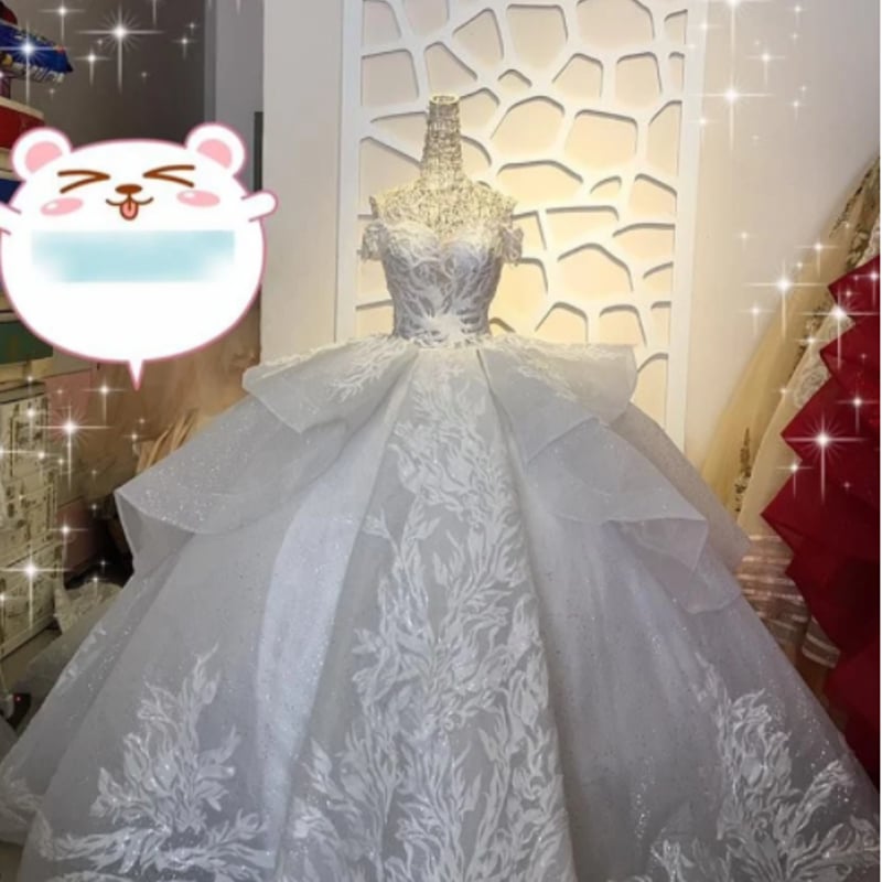 華やか ウエディングドレス ソフトチュール レース プリンセスライン  