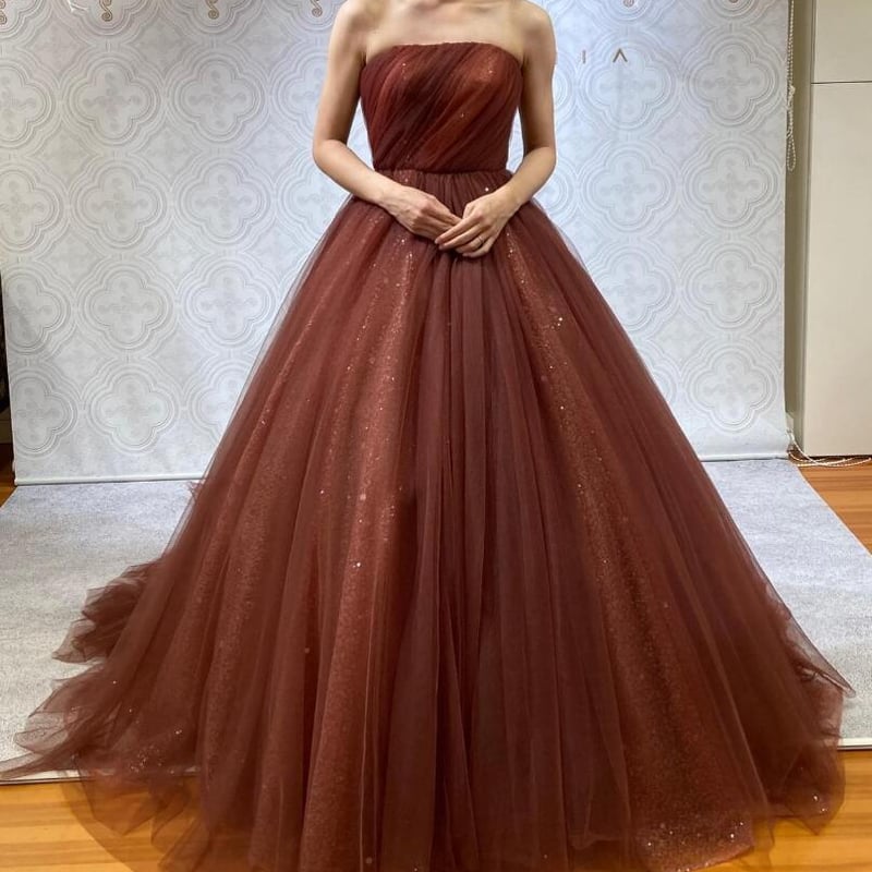 カラードレス ベアトップ コーヒーの色 キラキラグリッターチュール 素  
