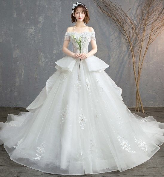 ウエディングドレス ホワイト 上質オーガンジー オフショル ロング