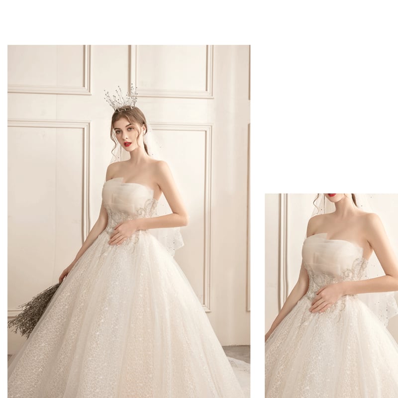 高品質！ウエディングドレス シャンパン色 ベアトップ 上質