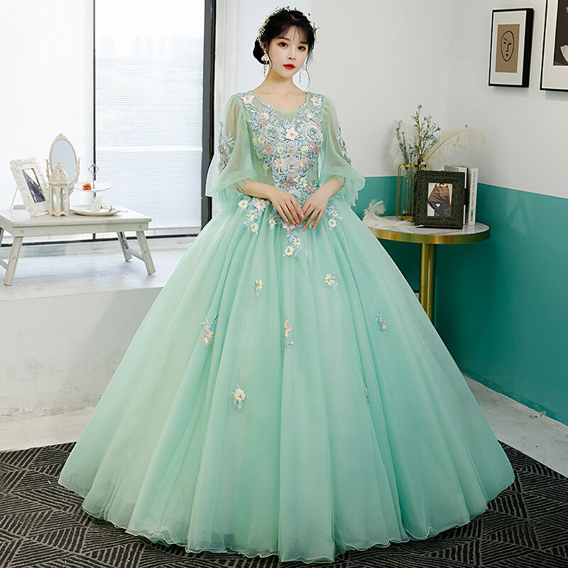 上品！緑 カラードレス プリンセスライン ソフトチュール 姫袖 音楽会  