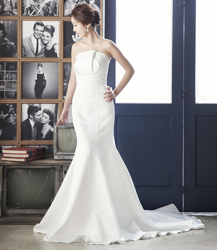 ウエディングドレス ホワイト ポリエステル マーメイドライン トレーン ベアトップ ロングドレス