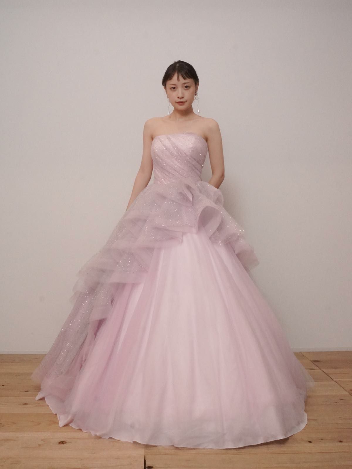 カラードレス　チュールドレス　ピンク 豪華！ カラードレス チェリーピンク 光沢サテン ソフトチュール