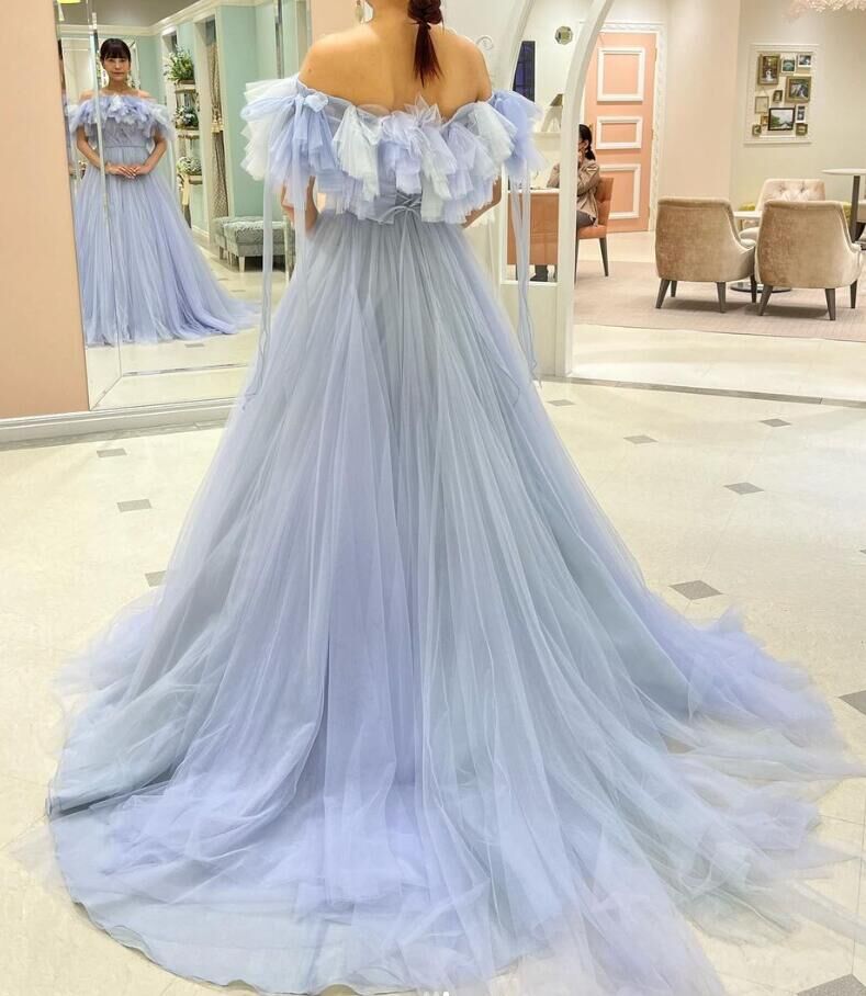 ブルーグレー カラードレス ソフトチュール ベアトップ サッシュベルト  