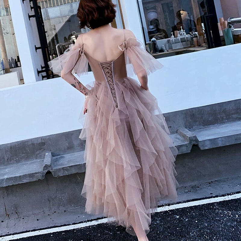 上品！ パーティードレス カーキ色 ソフトチュール 姫袖 二次会  