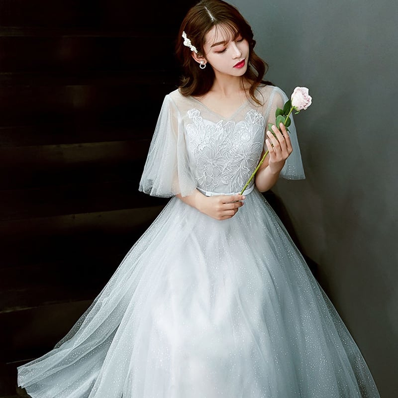 高品質！グレー カラードレス こぼれ Vネック サッシュベルト 二次会  