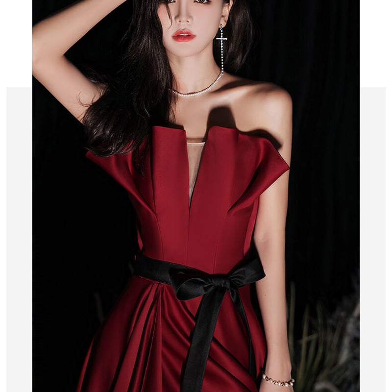 上品！パーティードレス ワインレッド ベアトップ 可愛い フィッシュ  