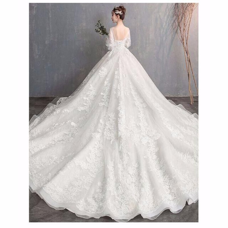 高品質！ウエディングドレス ホワイト Vネックドレス 華やかなトレーン