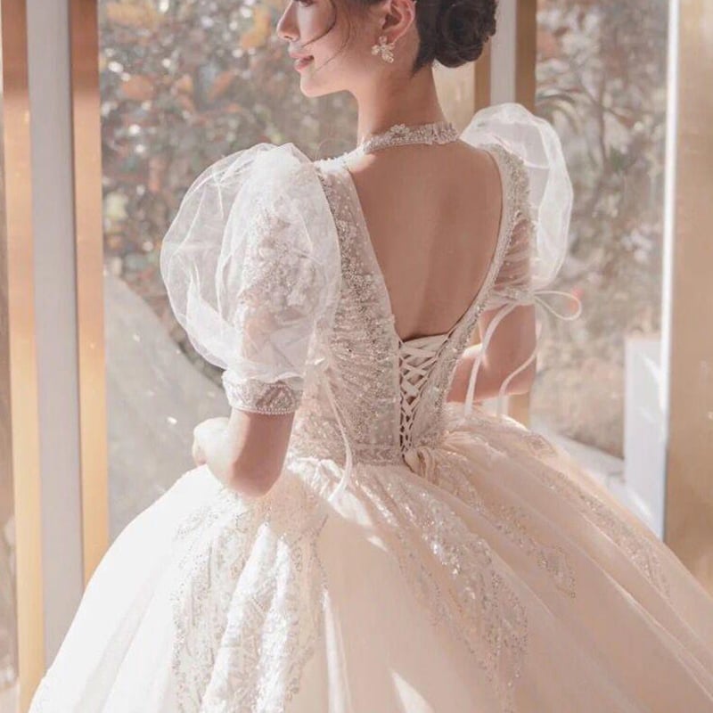 高品質！ウエディングドレス Vネックドレス レース 華やかな