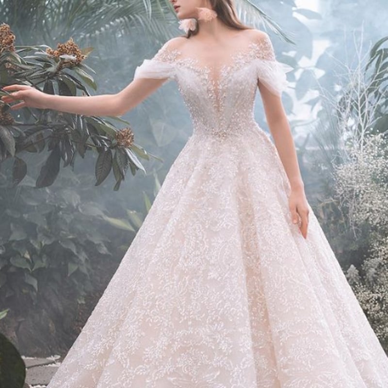 華やか ウエディングドレス ビジュードレス 薄シャンパンの色 オフ