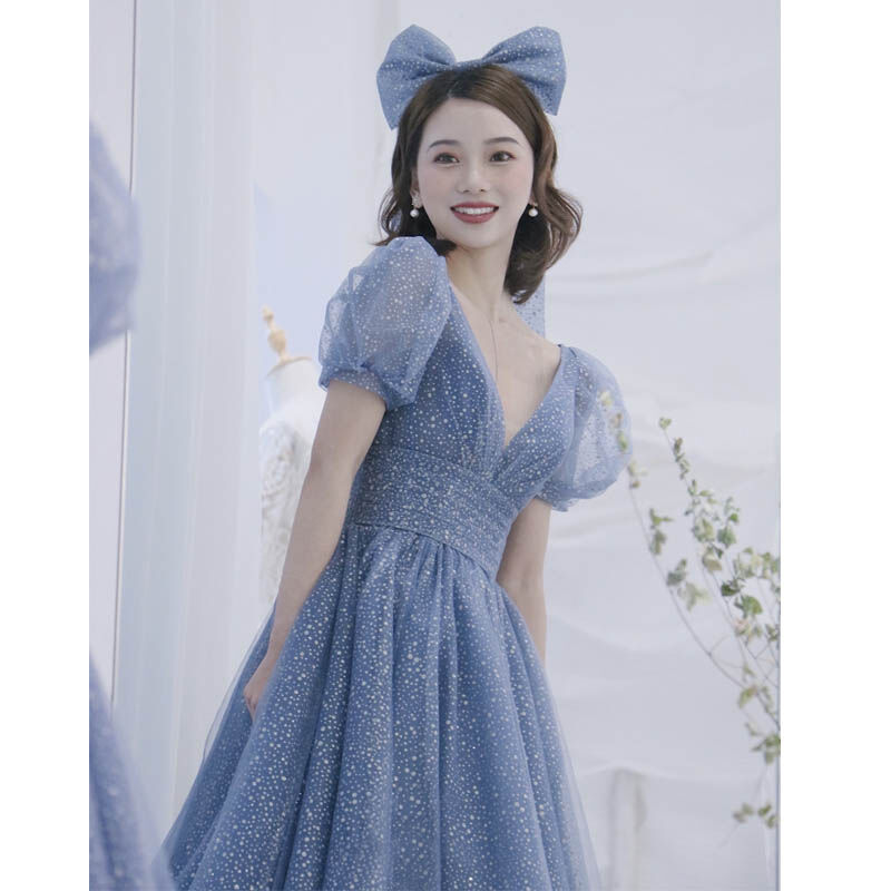 上品！パーティードレス 青 深Vネック パフスリーブ プリンセスライン  