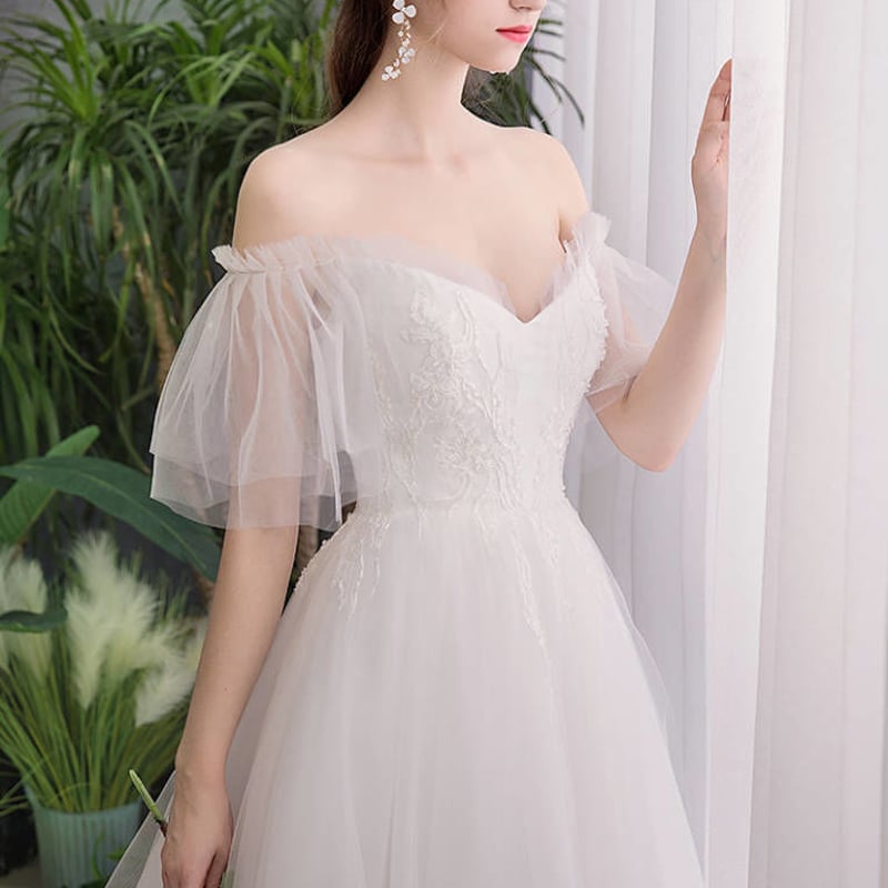 ウエディングドレス ホワイト 上質オーガンジー オフショル トレーン