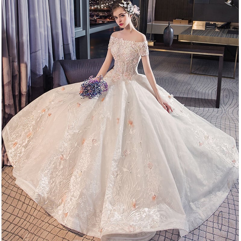 ピンク×ホワイト プリンセス風 ウエディングドレス 編み上げ 花嫁 