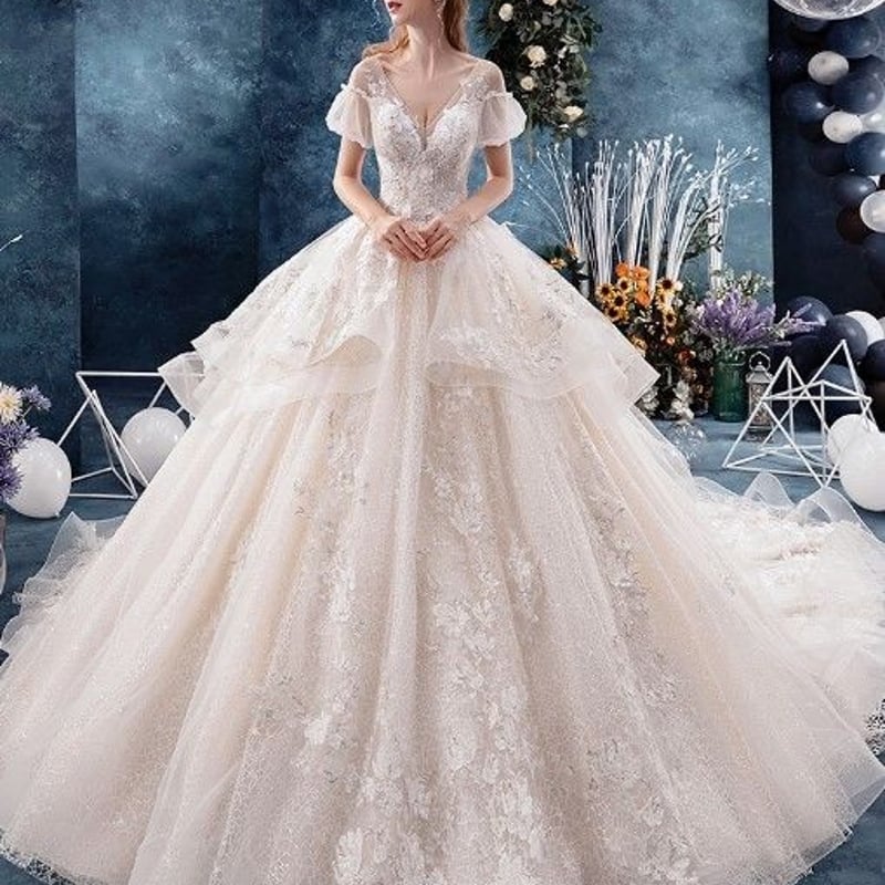 ウエディングドレス ホワイト 上質オーガンジー 深Vネックド ロング  