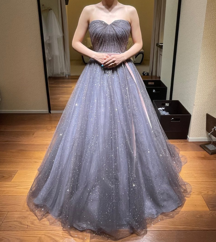 カラードレス 取り外し袖 紫青 フリル袖 キラキラグリッターチュール