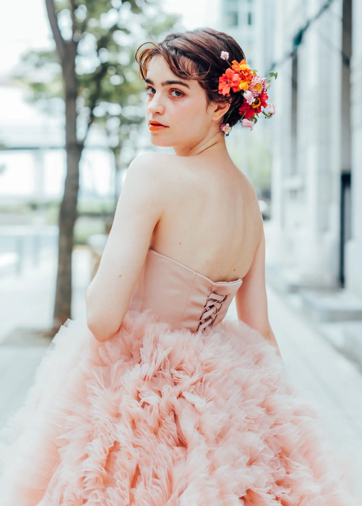 豪華！ ウェディングドレス 柔らかく重ねたチュールスカート ピンク  