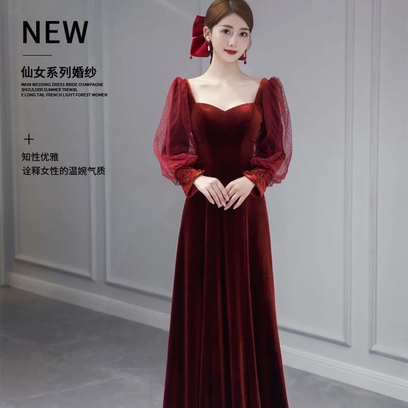 高品質！パーティードレス ワインレッド スクエアネック マーメイド  