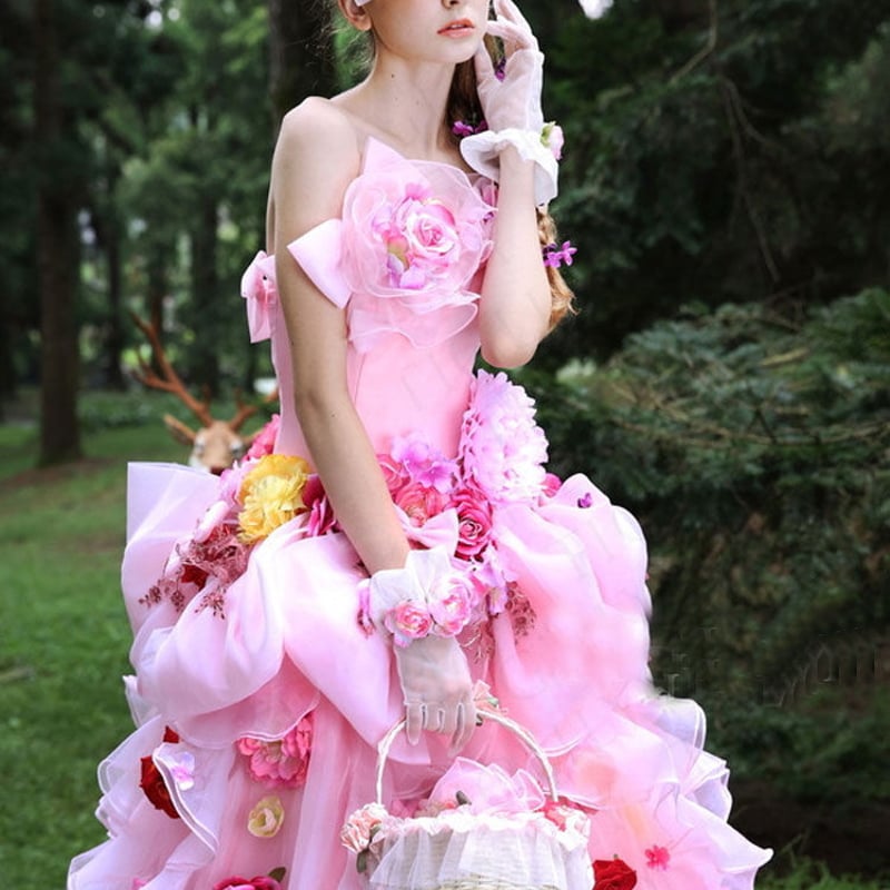 フォーマル/ドレス美品！ カラードレス ピンク オフショルダー ミニトレーン/短トレーン エレガン