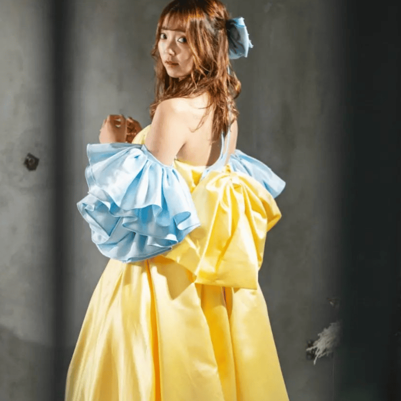 パーティードレス フリル袖 イエロー プリンセスライン ふっくら柔らか
